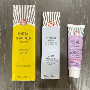 First Aid Beauty Mineral Sunscreen, Hydrating Serum, Bump Eraser Body Scrub Set